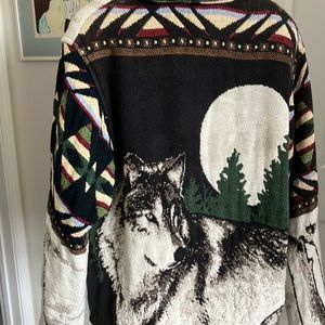 Vintage 80s Paco Soler cotton tapestry jacket pockets wolf L/Xl southwestern